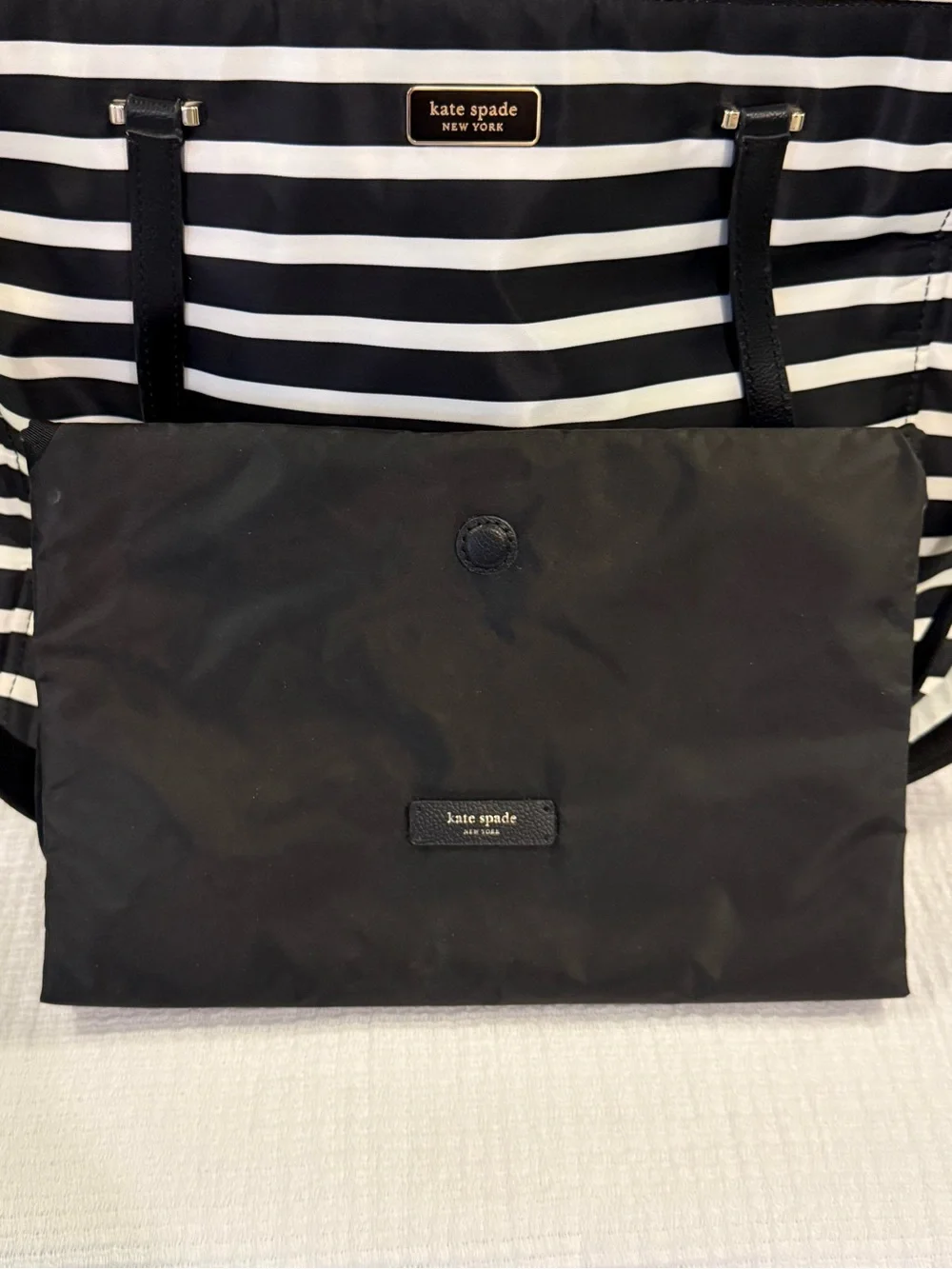 Kate Spade New York Black White Stripe Nylon Diaper Bag + Changing Pad